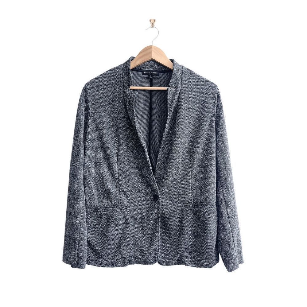 Banana Republic Notched Collar Single Button Textured Knit Blazer Black White LG